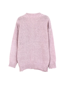 Detail view of the lavender knit sweater featuring thick textured stitch and ribbed hem