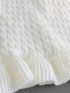 Women's crew neck cable knit sweater dress in cream white with ribbed hem details