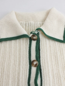 Knitted lapel cardigan dress in off-white with green contrast stripes and vintage buttons