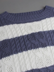 Women's crewneck long sleeve striped cable knit hollow sweater in navy blue and white