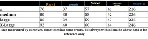 Size chart showing bust, length, and sleeve measurements for women knit sweater
