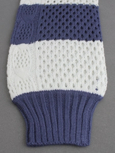 Women's blue and white striped knit sweater featuring hollow mesh and cable textures