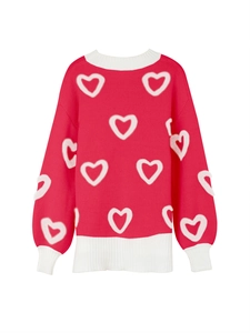 Detail of rose red knit sweater showing heart patterns and white ribbed neckline and cuffs