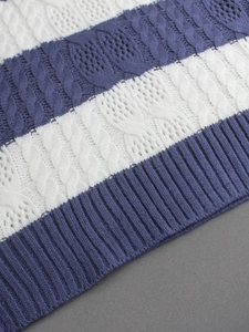 Women's crewneck striped hollow out cable knit sweater with ribbed cuffs in blue and white