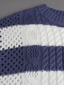 Detailed close-up of blue and white striped knit sweater with hollow-out cable patterns