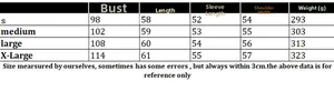 Detailed size chart for women's knit sweater showing bust, length, and sleeve measurements