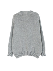 Rear view of a grey loose knit v-neck sweater with drop shoulder and ribbed hems