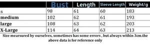 Size chart table for women's sweater including bust, length, sleeve, and weight measurements