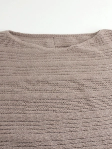 Taupe ribbed knit sweater for women featuring a classic round neck and textured fabric