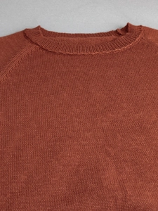 Detail of rust red knit sweater featuring ribbed crew neck and raglan sleeve stitching