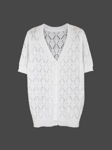 Close-up of white knit short sleeve cardigan with v-neck and hollow diamond pointelle pattern