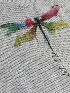 Close-up of gray V-neck knit sweater featuring a colorful dragonfly and Let it fly text