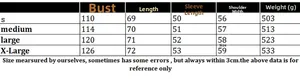 Size chart showing bust, length, and sleeve measurements for women's knit sweater