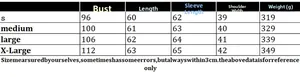 Detailed size chart for women's knit sweater showing bust and length measurements