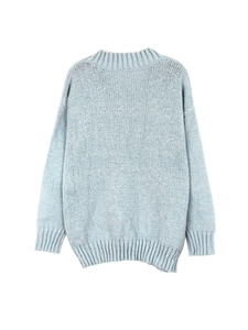 Detailed back view of light blue cable knit sweater showing textured weave and ribbed hem
