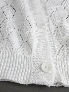 White short sleeve knit cardigan for women with hollow-out pattern and elegant buttons
