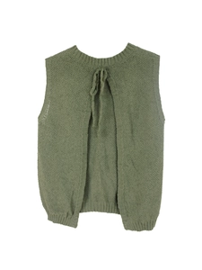 Close-up of olive green knit vest featuring round neck and open back tie-up detail