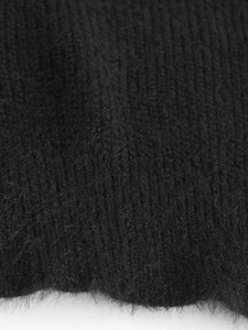 Macro detail of black ribbed knit sweater fabric showing soft fuzzy mohair texture