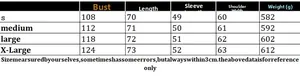 Size chart for V-neck knit cardigan with measurements for bust, length, sleeves, and weight