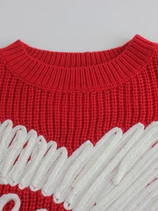 Red knit crewneck sweater with ribbed collar and 3D white heart textured pattern