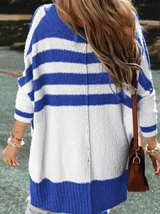 Women's V-neck knit cardigan with blue and white stripes in a loose fit casual style