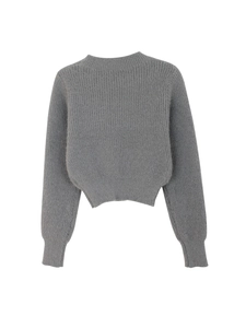 Detailed flat lay of grey long-sleeved cropped knit sweater with ribbed cuffs and hem