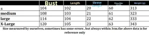 Size chart for knit cardigan showing bust, length, sleeve, shoulder, and weight details