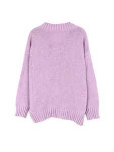 Detail of lavender oversized V-neck knit sweater showing ribbed cuffs and soft texture