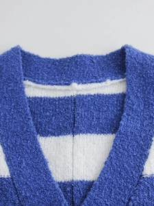 Women's V-neck striped knit cardigan featuring classic blue and white patterns