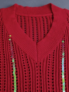 Women's V-neck red knit sweater with hollow-out pattern and iridescent sequins