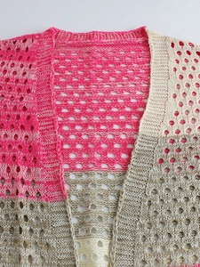 Women's open-knit short sleeve cardigan with pink and beige colorblock pattern