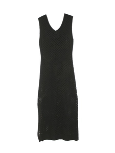 Women's black knit V-neck sleeveless maxi dress with hollow out mesh for beach vacation