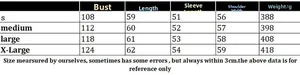 Detailed size chart for women's rib-knit sweater showing bust, length, and sleeve measurements