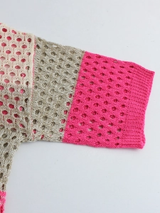 Women's hollow out knit cardigan with tricolor ribbed texture and short sleeves