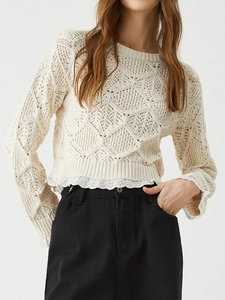 Women's Casual Off-White Hollow Out Crochet Knit Sweater Round Neck Long Sleeve Lace Trim Crop Top Pullover Knitwear