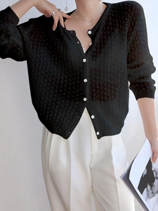 Damen Lose Langarm Strickjacke Mit Lochmuster Knopfleiste Dünner Transparenter Häkelpullover Lässiges Weiches Strickoberteil
