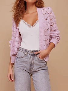 Gilet en maille ajourée lilas à manches longues avec motif de vagues pour femmes