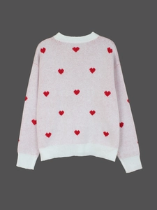 White ribbed knit sweater with red heart patterns and long sleeves for women