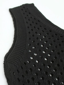 Detail shot of black knitted V-neck dress featuring mesh hollow-out texture and ribbed edges