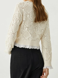 Women knit hollow out short sweater in beige with floral crochet lace hem and long sleeves