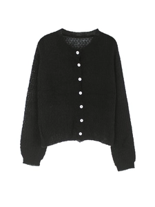 Damen Strickjacke in Schwarz mit durchbrochenem Häkelmuster und weißen Knöpfen