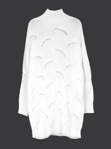 White high-neck knit sweater with long sleeves and wavy hollow texture details