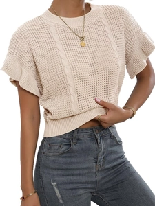 Women Casual Ruffle Short Sleeve Knit Top Hollow Out Cable Round Neck Polyester Sweater Solid Color Minimalist Pullover