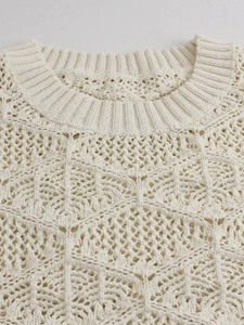 Women's cream knit crewneck long sleeve hollow out crochet sweater top for autumn
