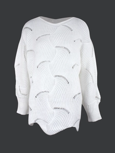 Detail of white knit sweater featuring delicate wavy hollow-out pattern and round neck