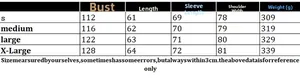 Size chart for the long sleeve pullover sweater with measurements from S to XL
