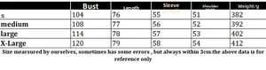 Detailed size chart for women knit sweater including bust length sleeve and shoulder specs