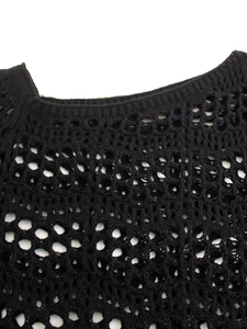 Women's black off-shoulder knitted hollow mini dress with intricate crochet details