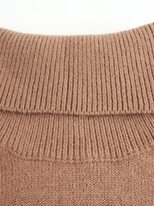 Pull en maille marron à col montant pour femme, style décontracté et confortable