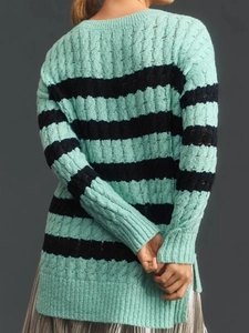 Women's crew neck mint green and black striped knit sweater with side slits